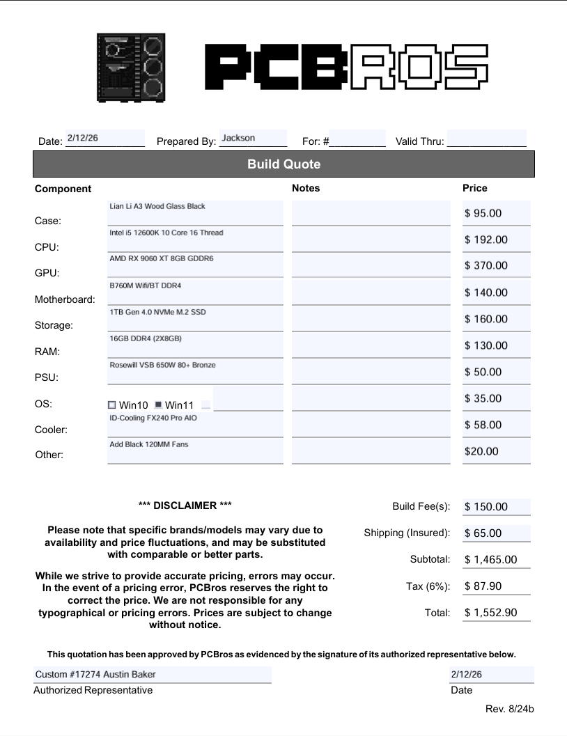 Austin Baker Custom Build - Extra Fee #17274