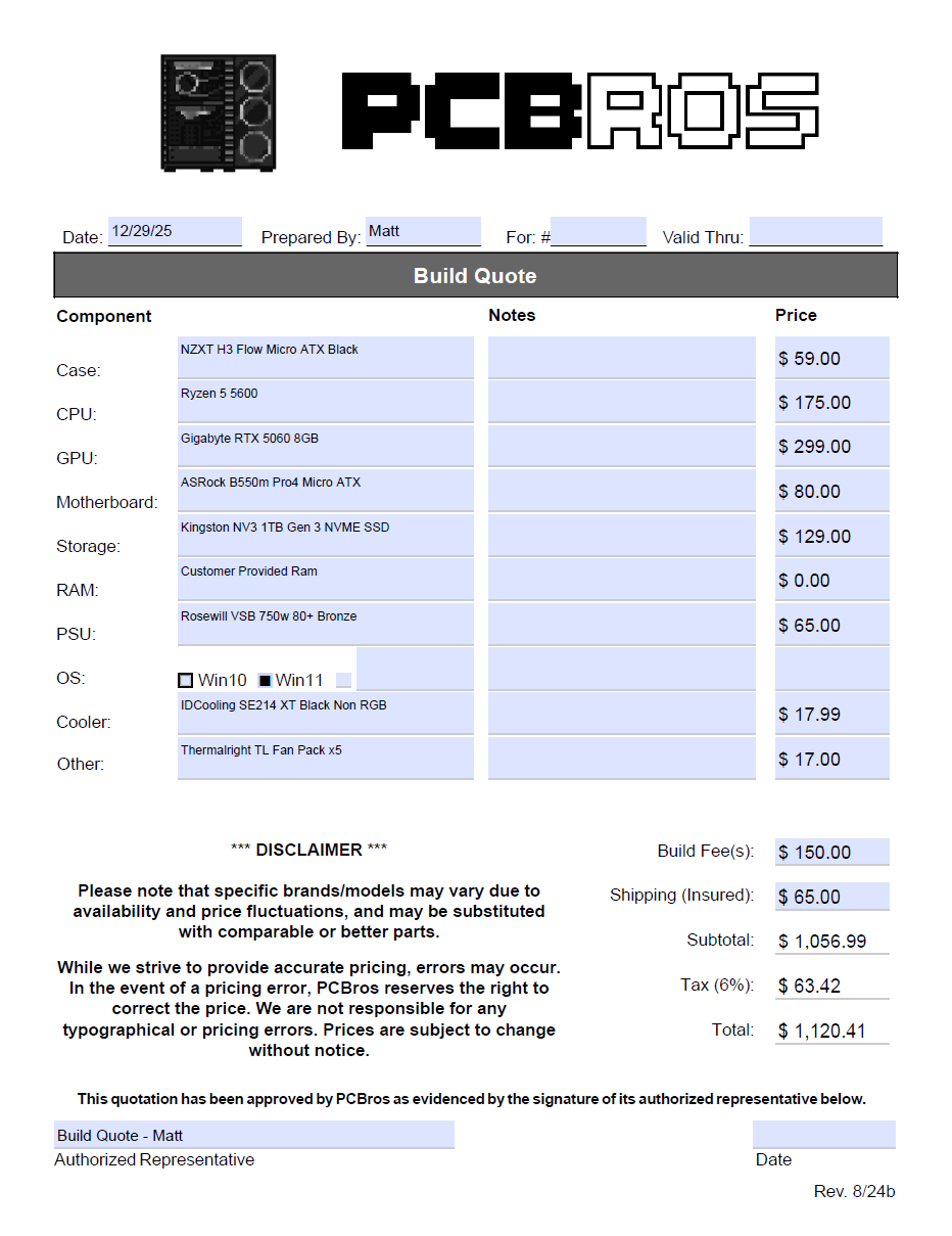 Luke Seaboch Custom Build Ryzen 5 5600 RTX 5060 - Extra Fee