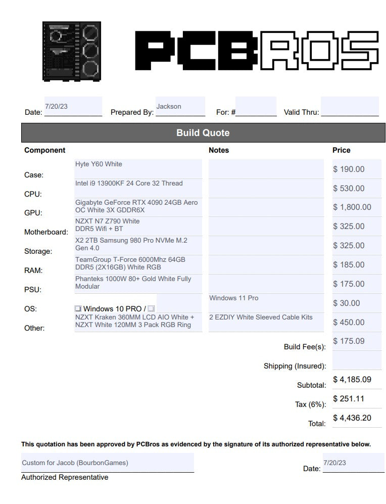 Extra Fee For Jacob (BourbonGames) - Custom i9 and 4090 Gaming PC