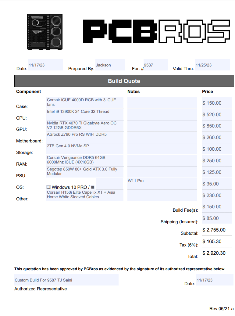 Custom Gaming PC - TJ Saini Extra Fee