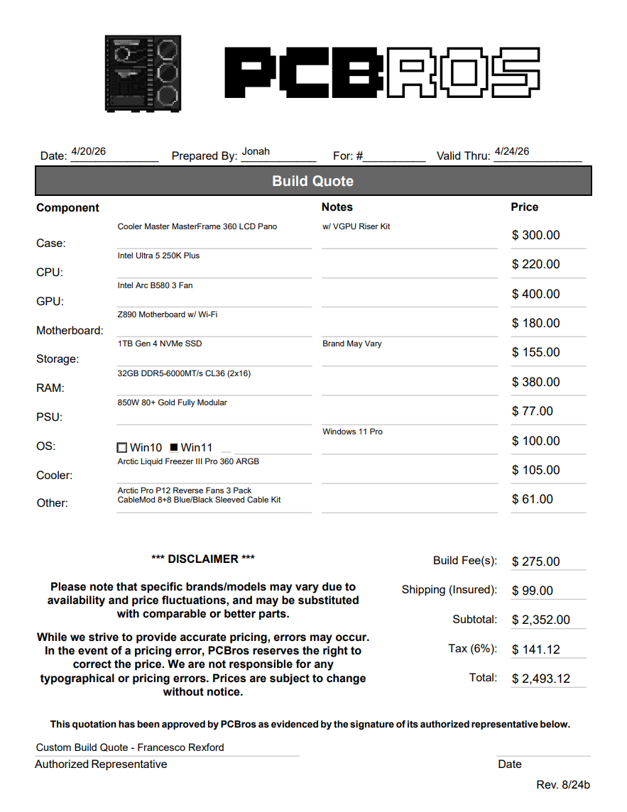 Custom Gaming PC Build - Francesco R. - Extra Fee
