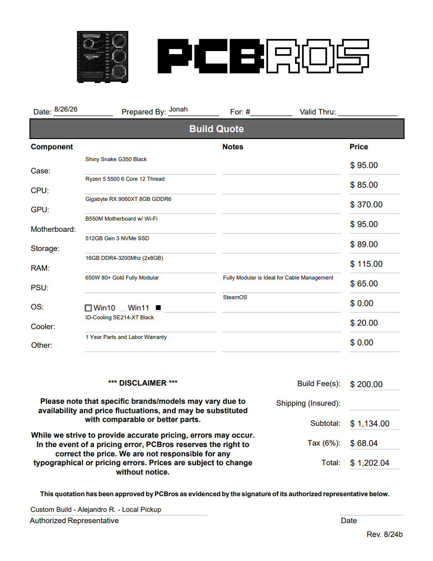 Custom PC Build - Alejandro R. - Extra Fee