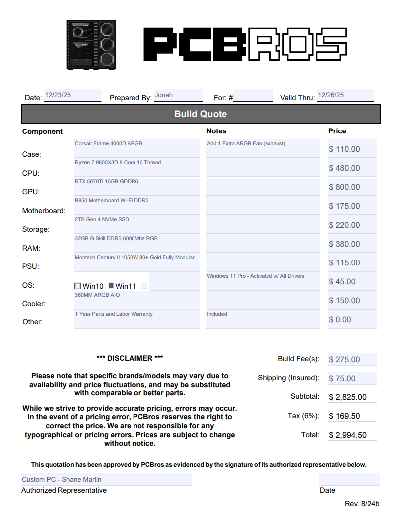 Shane Martin Custom PC Build - Extra Fee