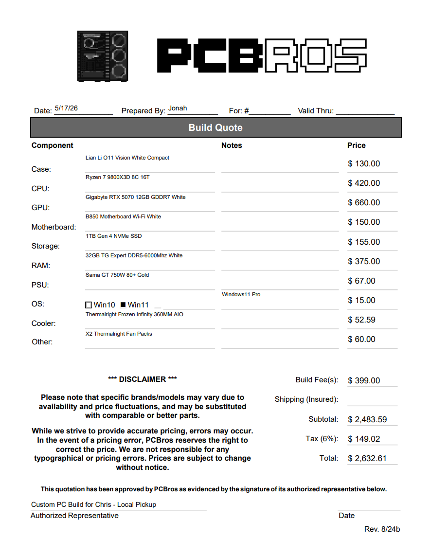 Custom Gaming PC for Chris (Pickup) - Extra Fee