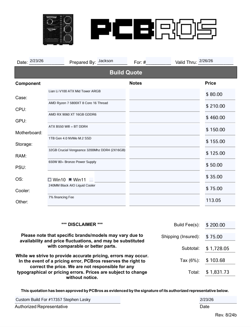 Stephen Lasky - Extra Fee Custom Build #17357