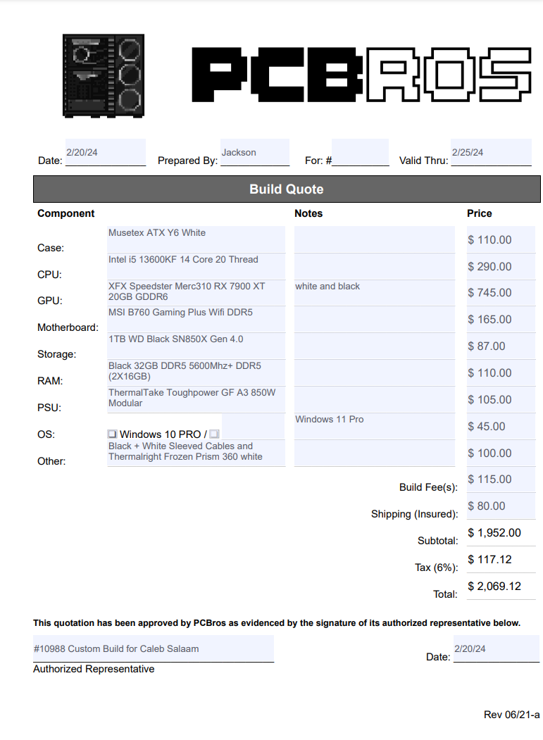 Extra Fee - Caleb Salaam #10988 Gaming PC