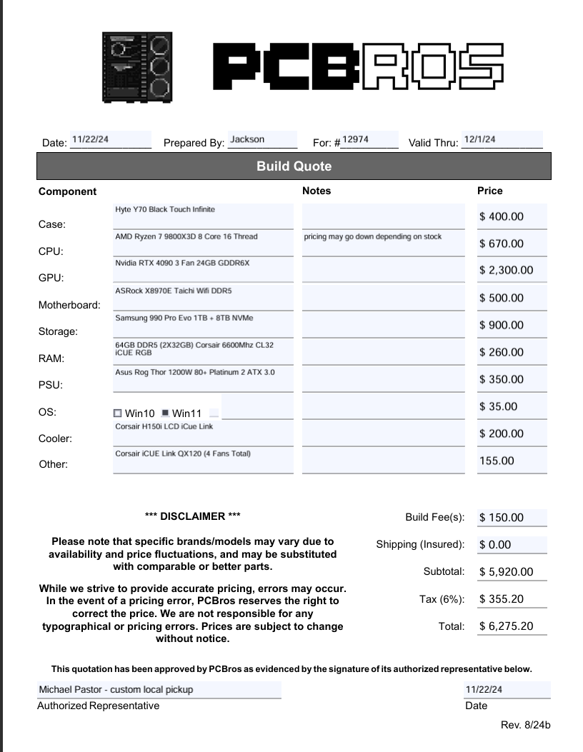 Michael Pastor - #12974 Ryzen 9800X3D + RTX 4090 Extra Fee