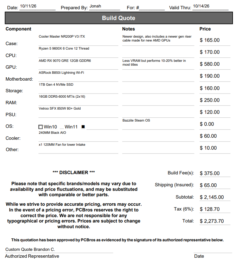 Custom PC Build - Brandon C. - Extra Fee