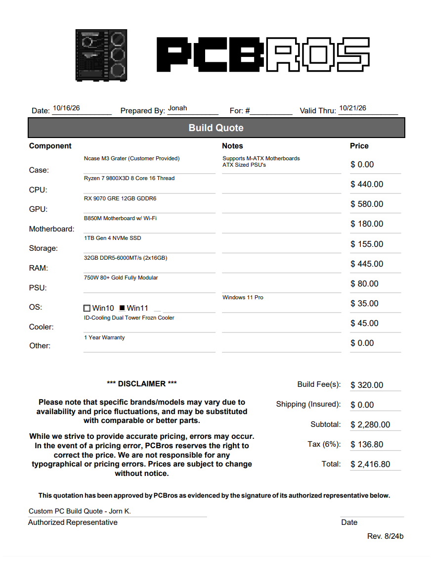 Jorn K. Custom PC Build - Extra Fee